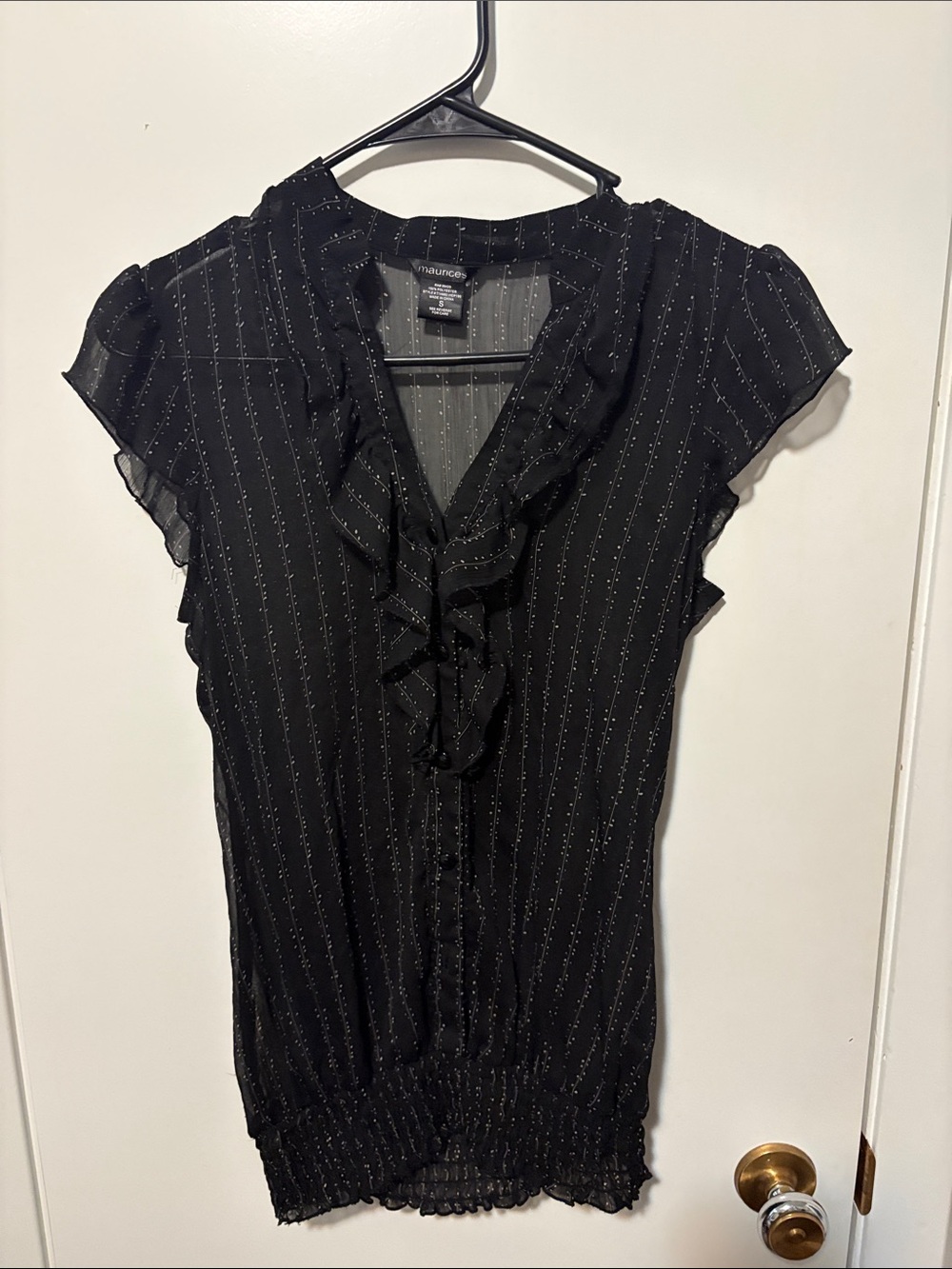 Maurices Black Sheer Ruffle-Front Blouse with Metallic Pinstripes